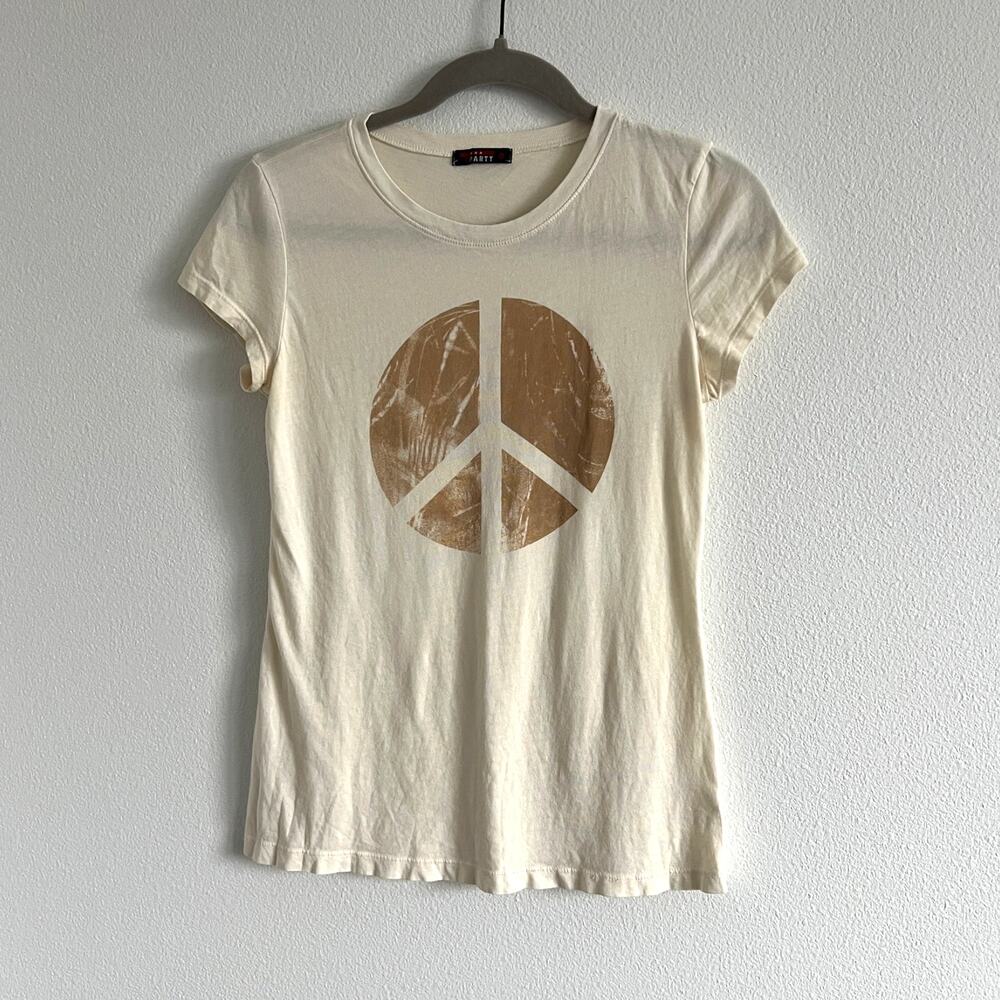 T Party Cream Peace Sign Graphic Short-Sleeve T-Shirt L Modern Hippie 70's Retro